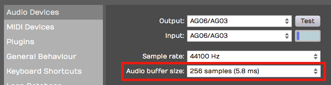 Settings Tab, Audio Devices Page - Audio Buffer Size