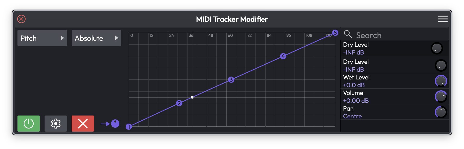 MIDI のピッチをモジュレーション出力にマッピングする MIDI Tracker モディファイア